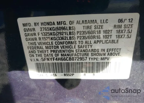 2012 Honda Pilot Ex-L from USA, damaged, VIN 5FNYF4H66CB072957